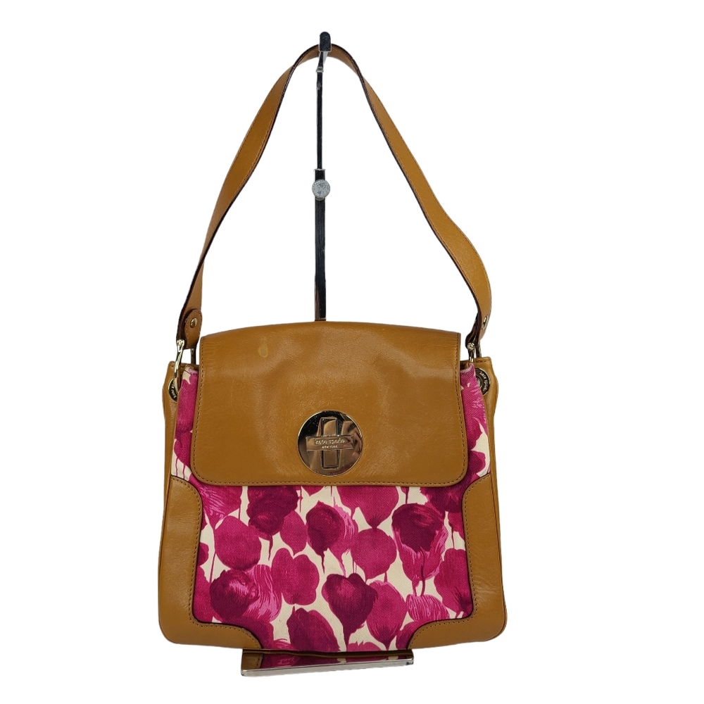 Kate Spade New York brown leather & pink abstract floral shoulder bag